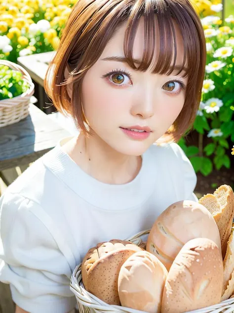 <lora:hanakana_lora:1>
short hair,
((masterpiece:1.4, best quality)), ((masterpiece, best quality)), (photo realistic:1.4),
professional lighting, physically-based rendering,
extremely detailed eyes and face, eyes with beautiful details,
Japanese idle (Japanese actress),
slender, thin legs,(face_focus:1.4),
white and blue line v neck sweater,(laugh:1.1),(smile:1.1) ,
sunny,sky,outdoor,
(basket_full_of_bread:1.5),