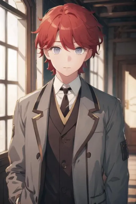 masterpiece, best quality, high quality, 1boy, solo, male focus, looking at viewer, upper body, depth of field, <lora:sirius_dieke:0.76>, sirius_dieke, red hair, grey eyes, coat