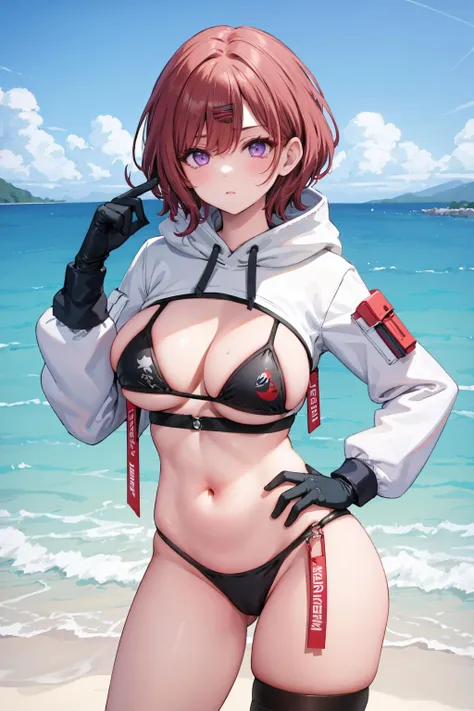 hand on hip, , 1girl, solo, huge breasts,purple eyes,<lora:char-madoka:0.8> ,
cropped hoodie, black bikini, thigh strap,gloves,cowboy shot, <lora:CostumeAtagoSpaceCosplay:1>,beach,long sleeves,
