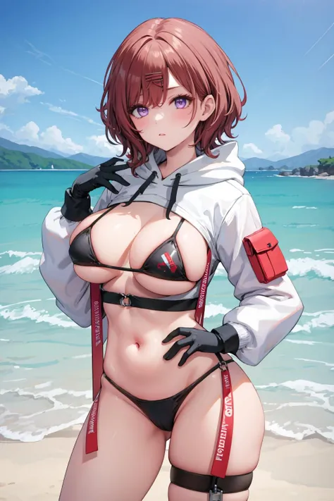hand on hip, , 1girl, solo, huge breasts,purple eyes,<lora:char-madoka:0.8> ,
cropped hoodie, black bikini, thigh strap,gloves,cowboy shot, <lora:CostumeAtagoSpaceCosplay:1>,beach,long sleeves,