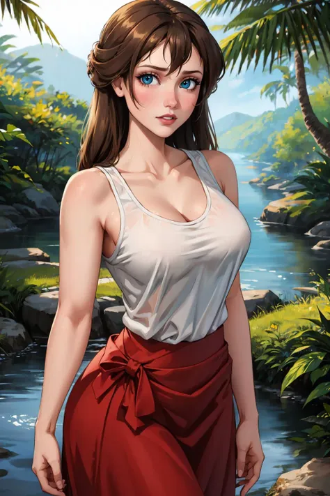 masterpiece, best quality, outdoors, lens flare, depth of field, 1girl, solo, looking at viewer, breasts, <lora:janeporter-guy-v2:1>, janeporter, long hair, tank top, red skirt, long skirt, river, jungle,