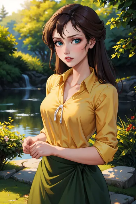 masterpiece, best quality, outdoors, lens flare, depth of field, 1girl, solo, looking at viewer, breasts, <lora:janeporter-guy-v2:1>, janeporter, long hair, yellow shirt, long skirt, green skirt,