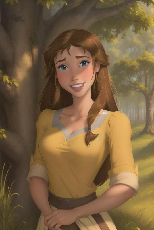 <lora:jane_porter:0.8>, jane porter, masterpiece, best quality, 1girl, solo, brown hair, smile, open mouth, long hair, blue eyes, tree, upper body, outdoors, yellow shirt, shirt, grass, collarbone,