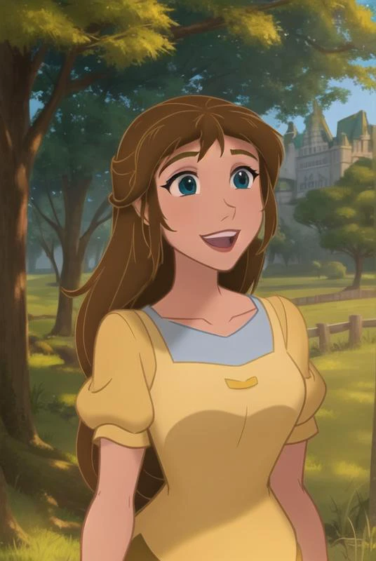 <lora:jane_porter:0.8>, jane porter, masterpiece, best quality, 1girl, solo, brown hair, smile, open mouth, long hair, blue eyes, tree, upper body, outdoors, yellow shirt, shirt, grass, collarbone,