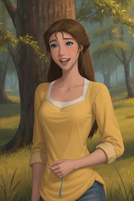 <lora:jane_porter:0.8>, jane porter, masterpiece, best quality, 1girl, solo, brown hair, smile, open mouth, long hair, blue eyes, tree, upper body, outdoors, yellow shirt, shirt, grass, collarbone,