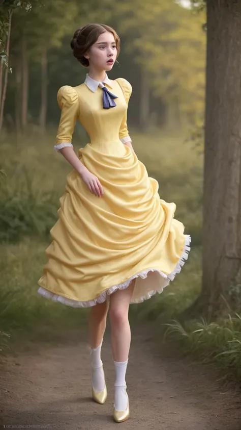 ((1 girl, 22 y.o, Masterpiece, best quality, cinematic lighting, 8k, full body shot,)),realistic background,legs,bare feets,
<lora:janeporter-guy-v2:1>,JANEPORTER,SHORT HAIR,HAIR BUN,YELLOW DRESS,LONG DRESS,PUFFY SLEEVES,ASCOT,WHITE GLOVES,