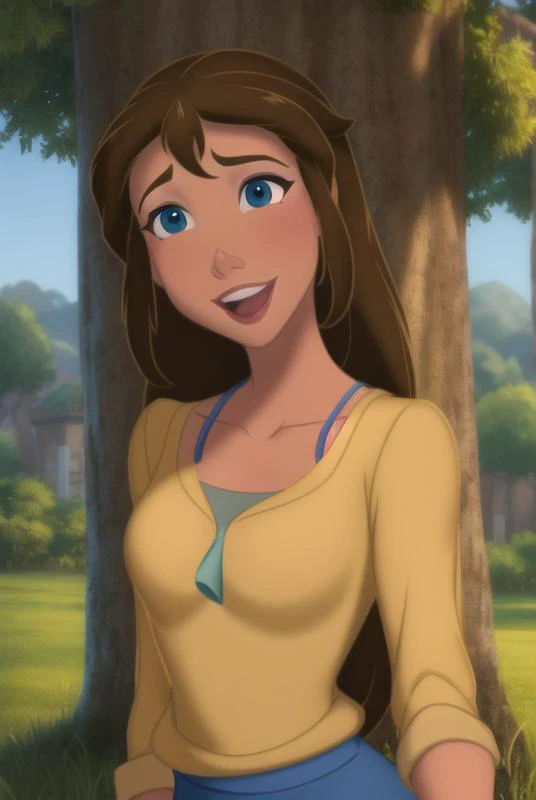 <lora:jane_porter:0.8>, jane porter, masterpiece, best quality, 1girl, solo, brown hair, smile, open mouth, long hair, blue eyes, tree, upper body, outdoors, yellow shirt, shirt, grass, collarbone,