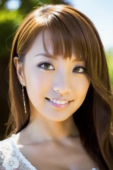 (8k, best quality, masterpiece:1.2), (realistic, photo-realistic:1.37), ultra-detailed,solo,(skin dentation:1.2), (large breasts:1.3), (professional lighting, bokeh), (blouse:1.3), (portait:0.8), gorgeous, bloom, floating hair,(light particles, lens flare, glowing particles:0.6), (dynamic pose), specular lighting, soft lighting, sunlight, looking at viewer,depth of field,brown_eyes,photorealistic,looking_at_viewer,1girl,shiny skin,detailed skin,smile,(((White blouse))),azusa<lora:azusa yamamoto:1>