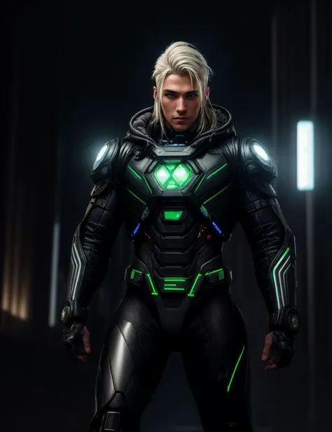 ((best quality)), ((masterpiece)), ((realistic)), (detailed), male Cybernetic Paramedic, AI Entities, Self-aware Artificial Intelligence with high-level cognitive abilities, Elderly Stacked, Indigenous Australian, Green eyes, Landing Strip , Silver Blonde Side part hair, Gratitude,, Power Pose, Character stands with legs apart, fists clenched, and head held high, projecting strength.,  wearing  Electro-reflective Leg Plates, Crepe Cybernetic Hooded Jacket, , , Neural Interface Backpack  and and, Gazing upwards as celestial beings descend upon the summoner, Datastream Highlights, Traces of digital data streaming through the air, casting a faint blue glow in the virtual world, Post-apocalyptic cyberpunk tribes clashing over scarce cyber resources ((masterpiece)), absurdres, HDR, <lora:add_detail:1>, <lora:LowRA:0.5>