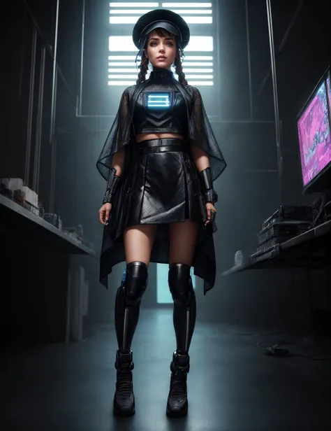 ((best quality)), ((masterpiece)), ((realistic)), (detailed), female Cyberpunk Couturier, , Elderly, Brawny, South Asian, Light blue eyes, Office/work makeup , Dark Auburn Braided haircut hair, Trust, AR Interaction, Character gestures with one hand in front of them, as if manipulating augmented reality objects,  wearing  Neural Lace Skater Skirt,  Techno-Sheer Shirt, Plasma-Mesh Ballet Flats, Techno-Lace Wide-Brim Hat, Neural Interface Collar  and and andThermal-regulating Poncho , Cybernetic Extension, Character extends a cybernetic limb or appendage, showcasing its capabilities., Sentient Robot Design Studio, Flying Broomstick,Pillowcases,Chairs, Concrete Flooring and Ecclesiastical Tapestry Weave tapestry, Fluorescent Tubes, Cove Lighting, cyberpunk, sci-fi, ((masterpiece)), absurdres, HDR, <lora:add_detail:1>, <lora:LowRA:0.5>