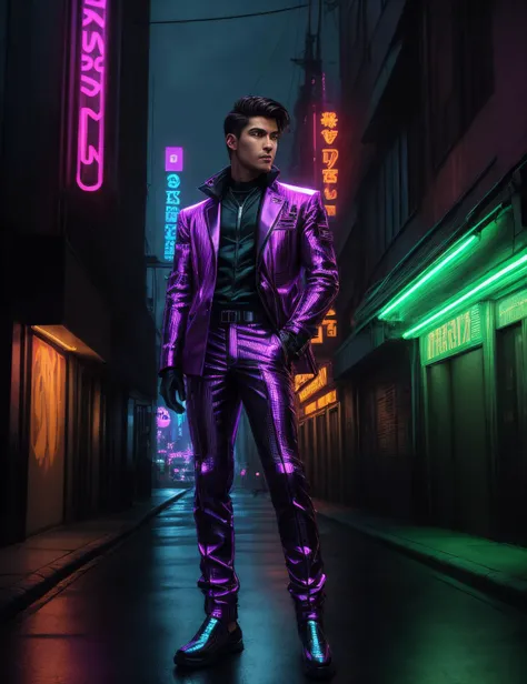 ((best quality)), ((masterpiece)), ((realistic)), (detailed), male Corporate Negotiator, , Adolescence Fit, Inuit, Hazel eyes,  , Brunette Caesar cut hair, Laugh,, Robotic Precision, Character strikes a precise, mechanical pose, with rigidly angled limbs and straight posture,  wearing Magenta  Tribal Smart-thermo Snow Pants,  Holographic Tuxedo Jacket, Stealth-enhanced Camo Slippers, ,  and, Synchronizing breath and energy flow, harmonizing with the universe, Neon-lit Streets, Dark alleys and city streets illuminated by vibrant neon signs and holographic projections, casting an otherworldly glow, Glowing cyberpunk vehicles zooming through the streets ((masterpiece)), absurdres, HDR, <lora:add_detail:1>, <lora:LowRA:0.5>