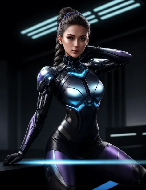 ((best quality)), ((masterpiece)), ((realistic)), (detailed), female Cybernetic Rehabilitation Therapist, , Aging gracefully, Lean, Polynesian, Steel gray eyes, , Violet French braid hair, Excitement, Graphene Contortion, Character twists their body into an almost impossible position, showcasing graphene-enhanced flexibility,  wearing  Holo-LED Skirt,  Holo-Silk Ruffle Blouse, , , , Conducting an otherworldly orchestra, harnessing the power of music, Datastream Highlights, Traces of digital data streaming through the air, casting a faint blue glow in the virtual world, Techno-warriors with cybernetic enhancements engaging in combat training ((masterpiece)), absurdres, HDR, <lora:add_detail:1>, <lora:LowRA:0.5>