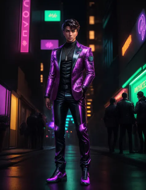 ((best quality)), ((masterpiece)), ((realistic)), (detailed), male Corporate Negotiator, , Adolescence Fit, Inuit, Hazel eyes,  , Brunette Caesar cut hair, Laugh,, Robotic Precision, Character strikes a precise, mechanical pose, with rigidly angled limbs and straight posture,  wearing Magenta  Tribal Smart-thermo Snow Pants,  Holographic Tuxedo Jacket, Stealth-enhanced Camo Slippers, ,  and, Synchronizing breath and energy flow, harmonizing with the universe, Neon-lit Streets, Dark alleys and city streets illuminated by vibrant neon signs and holographic projections, casting an otherworldly glow, Glowing cyberpunk vehicles zooming through the streets ((masterpiece)), absurdres, HDR, <lora:add_detail:1>, <lora:LowRA:0.5>