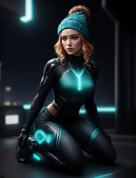 ((best quality)), ((masterpiece)), ((realistic)), (detailed), female Corporate Asset Extractor, Nano-infused Mutants, Mutants with nanobots integrating into their bodies, granting extraordinary abilities, Early twenties, Voluminous, Native Hawaiian, Hazel eyes, , Strawberry Blonde Messy bun hair, Guilt, Swift Dash, Character leans forward, legs extending backward, suggesting a quick and agile movement.,  wearing  Quantum Peplum Shorts, Lurex  Shibori  DeepTurquoise Cyber-Silk Trousers, , Neural Silk Beanie,  and and and, Kneeling with arms outstretched, calling upon higher forces, Datastream Highlights, Traces of digital data streaming through the air, casting a faint blue glow in the virtual world, A cyberpunk rebellion against the AI oppressors ((masterpiece)), absurdres, HDR, <lora:add_detail:1>, <lora:LowRA:0.5>