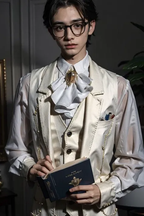 masterpiece, 1boy, (wearing glasses), solo, shirt, long_sleeves, holding, jewelry, white_shirt, vest, book, ascot, buttons, holding_book, Princecore, outfit, <lora:Princecore:0.65>