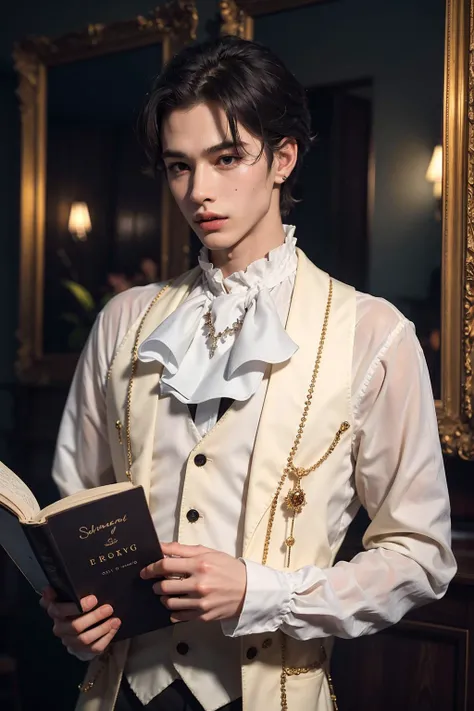 masterpiece,1boy,ring, solo, shirt, long_sleeves, holding, jewelry, white_shirt, vest, book, ascot, buttons, holding_book, head_out_of_frame, Princecore, outfit<lora:Princecore:0.8:OUTD>