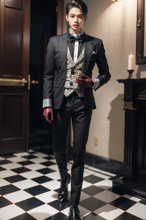 masterpiece,1boy, argyle, argyle_background, checkered, checkered_background, checkered_floor, formal, gloves, pants, signature, tile_floor, tiles, solo, shirt, long_sleeves, bow, holding, standing, jacket, full_body, male_focus, black_gloves, indoors, hand_up, black_footwear, vest, black_jacket, mask, black_pants, suit, walking, Princecore, outfit,<lora:Princecore:0.8:OUTD>