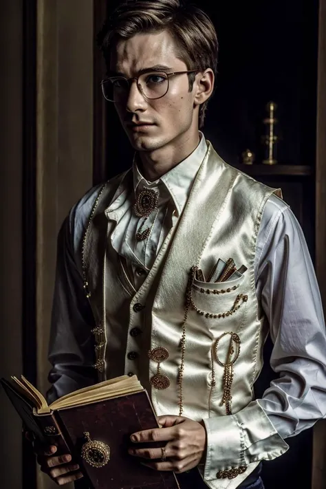 masterpiece, 1boy, (wearing glasses), solo, shirt, long_sleeves, holding, jewelry, white_shirt, vest, book, ascot, buttons, holding_book, Princecore, outfit, <lora:Princecore:0.65>