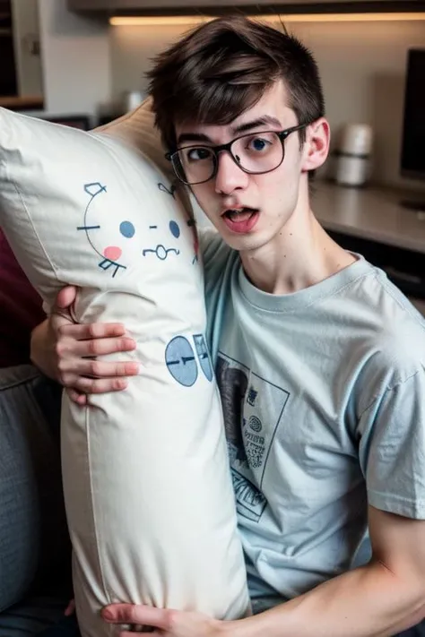 pillow_hug,photo of skinny nerd boy with glasses and anime tshirt,acne,surprised face,soyboy,soyjak, hugging a anime_pillow,anime woman pillow,epiCPhoto