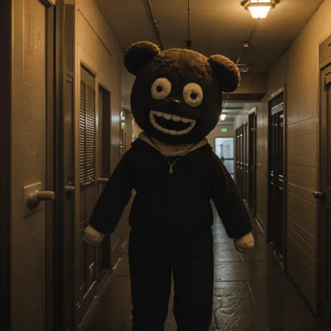 horror movie still, anthropomorphic:1.2 giant stuffed animal, dark theme, dark hallway, (smile), creepy, epiCPhoto, flashphoto <lora:flashphoto:1>