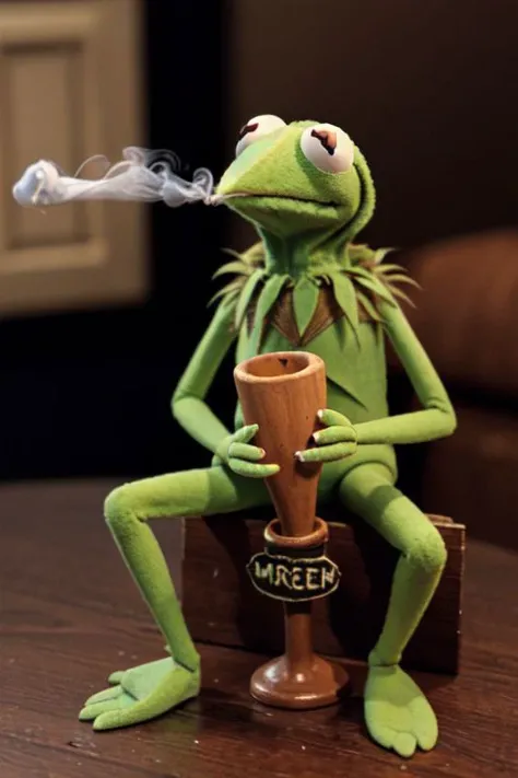 photo of Kermit the Frog,Sesame Street, smoking marijuana,holding marijuana pipe,cannabis