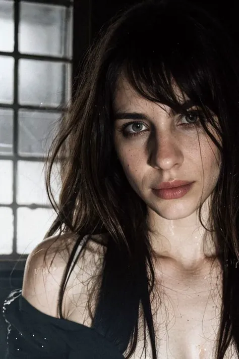selfie, Deep photo,Full body,beautiful woman ,close up,wet white bodysuit,ferrania p30 film,shadows,realistic eyes, messy hair,perfect face and body,dark,nighttime,dark photo,grainy,dimly lit,seductive smirk,harsh camera flash,. faded film, desaturated, grainy, vignette, stained, highly detailed, found footage