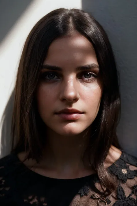 Photo portrait of a pensive young brunette woman with sparkling eyes, detailed skin, (half her face concealed in shadow:1.4), tight close up on face, dark background, side lighting revealing her gaze, eye level, in the style of Nathan Wirth
