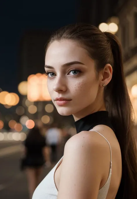 highres, masterpiece, perfect ligthing, bloom, night, cinematic lighting, adult, perfect skin, female, ((looking at viewer:1.4)), soft light, young woman, (freckles:0.95)
eyeliner,realistic skin,beautiful face,realistic eyes, perfect detailed face,light eyes,
realistic, (photorealistic:1.2),sexy,narrow waist,slim,standing,
night, crowded street,night,
baseball cap, high ponytail,long hair, hilda pokemon,
super cute, 
<lora:hilda pokemon by Goofy Ai:1>