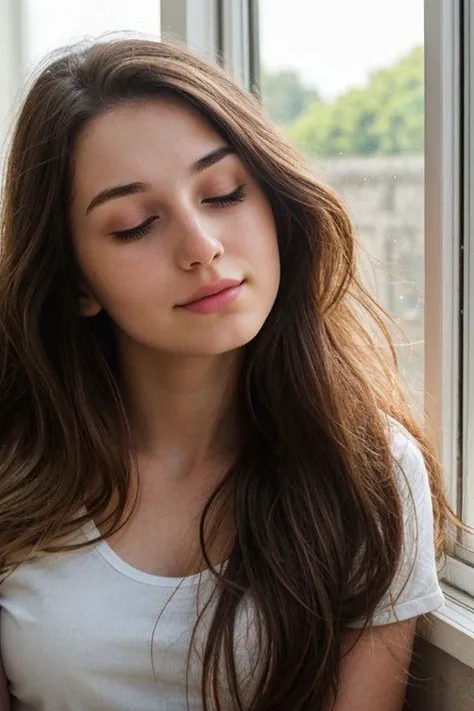 20 yo girl, long hair, brunette, sitting, eyes closed, sweaty, sunny day through a window, close-up