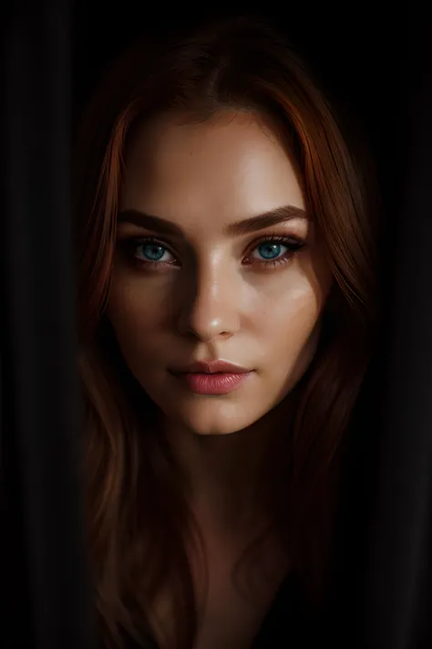 (realistic face:1.3), rendered eyes, super cute ginger woman in a dark theme , masterpiece, black curtains, high detailed, 8k, (natural lighting:1.1), (high detailed skin:1.1), amazing textures, highly detailed eyebrow, sharp focus, rim lighting, (extremely detailed CG unity 8k wallpaper), 1 girl, (nsfw), (lying on bed:1.4), cleavage, spread legs, short shirt with off shoulder and lace trim, stockings, beautiful face,