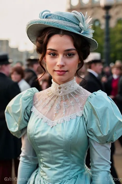 (8k, realistic photograph, HDR, highest quality, exceptional realism), incredibly lifelike facial portrait of a (beautiful) woman <legendary beauty, alluring, proper, most beautiful> wearing a dress and a (hat:1.4) at The Trans-Mississippi and International Exposition in Omaha in 1898, (masterpiece, detailed face, perfect lips <detailed perfection, intricate details>, beautiful eyes <perfect retinas, shiny>, making eye contact <looking at viewer>, (elegant 1890s hair, updo, windy)), in a crowd, outdoors, Grand Court in background, <lora:1890_dress_v1:1> 1890_dr3ssreal, (extreme closeup facial portrait, depth of field <woman in focus>), atmospheric scene, ethereal, reminiscent <let the past take a bow, a spoonful of sugar>, halation