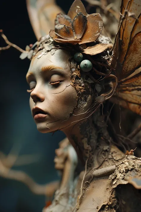 a creepy fairy,terrific,skin imperfections,doll,fabric,chiffon,eyelashes,closed eyes,makeup,jewelry,embroidery,paint,leaves,moss,overgrown,long ears,vines,glitter,flowers,ornate,intricate,tattoo,eyelashes,choker,long ears,dark blonde hair,dirt,rough skin,blonde hair,dry skin,tree branches,rust,statue,cracks,