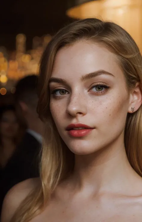 highres, masterpiece, perfect ligthing, bloom, night, cinematic lighting, adult, perfect skin, female, ((looking at viewer:1.2)), soft light, young woman,(freckles:0.95),
eyeliner,realistic skin,beautiful face,realistic eyes, perfect detailed face,
realistic, (photorealistic),sexy,narrow waist,
super cute,
(nightclub), night, (indoor),
 blonde hair,
red lips,
<lora:ReaLora:0.3>