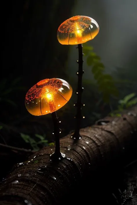 Number "404" made by fungi like ((transparent)) orange jelly-fishes growing randomly on a rotten tree trunk in a rain forest, (luminescence:0.1), racking morning light, misty rain, documentary movie shot, ((macro)) sharp focus