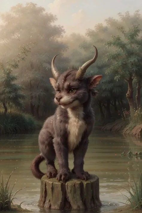 Extremely close-up painting of a (cute imp gray furry, Branched Horns:1.25), standing on the grass near a stream, in the center of the composition, natural habitat, surrounded by trees and a body of water, looking at the viewer, creating a sense of connection, serenity and tranquility of natural beauty, at evening, masterpiece by (Rosa Bonheur:1.36), best quality, ultra detailed, 4k textures, trending on artstation