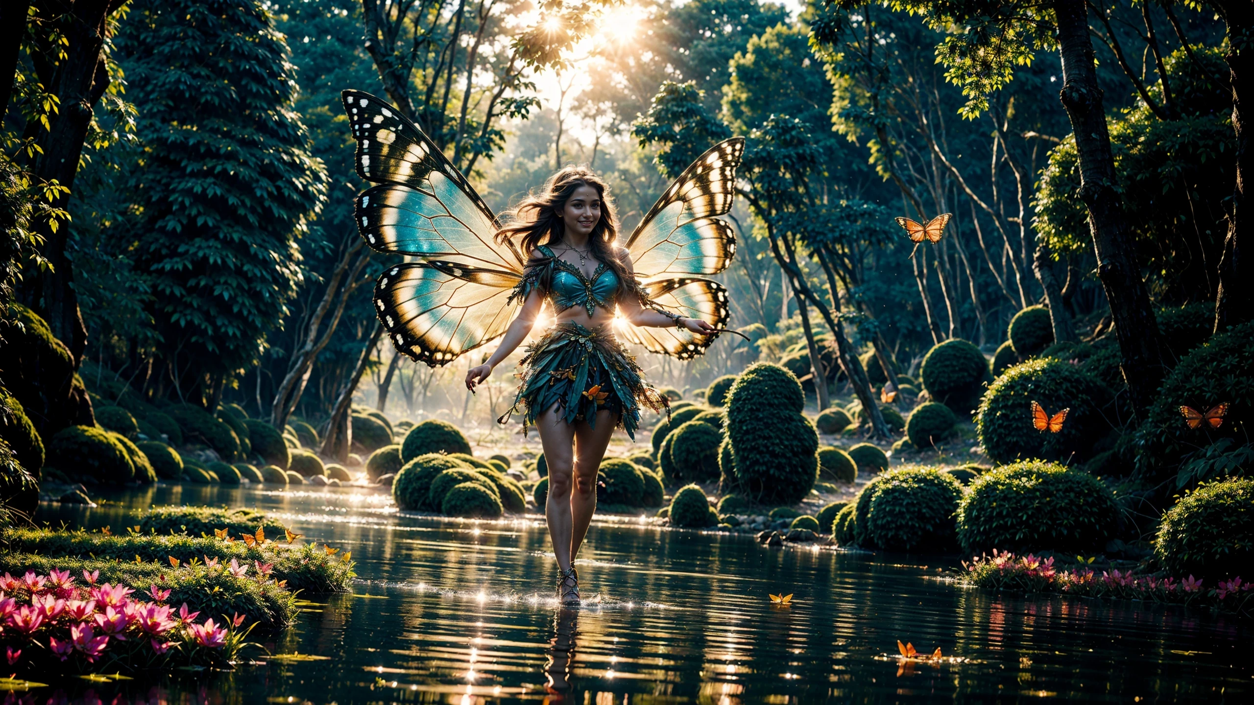 (((18 years old))), (fairy), fly mid air, (elf), (air elemental), strong wind, ((photo)), (((close-up))) (cinematic) (((face))), (Fujifilm XT3 Viltrox), (octane render, unreal engine), ((ultrarealistic)), happy smile, ((ultradetailed)), (butterfly_wings) (fairy wings), (sharp focus), hdr, elven fairyland, big rock, transparent (water ripples) reflections, cascade river (pond), forest jungle, ((village)), stunning nature aquatic environment (landscape), butterfly, (bright) (sunny) (sky), strong (high contrast), cinematic (lights), backlight, (shadows), (croptop),((miniskirt)), lens flare, necklace, vibrant colors, colorful, [flowers] and leaves, (pretty), (beautiful), feminine, loving, in love, adorable  <lora:Detail Tweaker LoRA add_detail:0.8><lora:depth_of_field_slider_v1:5>  <lora:SDXLrender_v2.0:0.9> <lora:EnvyFairy01-weird-anylora-45:0.3> <lora:EnvyFairy01-queen-anylora-45:0.3> <lora:Elf:0.28> <lora:Flower_fairy:0.2>  <lora:Fly:1>