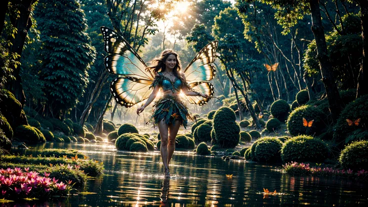 (((18 years old))), (fairy), fly mid air, (elf), (air elemental), strong wind, ((photo)), (((close-up))) (cinematic) (((face))), (Fujifilm XT3 Viltrox), (octane render, unreal engine), ((ultrarealistic)), happy smile, ((ultradetailed)), (butterfly_wings) (fairy wings), (sharp focus), hdr, elven fairyland, big rock, transparent (water ripples) reflections, cascade river (pond), forest jungle, ((village)), stunning nature aquatic environment (landscape), butterfly, (bright) (sunny) (sky), strong (high contrast), cinematic (lights), backlight, (shadows), (croptop),((miniskirt)), lens flare, necklace, vibrant colors, colorful, [flowers] and leaves, (pretty), (beautiful), feminine, loving, in love, adorable  <lora:Detail Tweaker LoRA add_detail:0.8><lora:depth_of_field_slider_v1:5>  <lora:SDXLrender_v2.0:0.9> <lora:EnvyFairy01-weird-anylora-45:0.3> <lora:EnvyFairy01-queen-anylora-45:0.3> <lora:Elf:0.28> <lora:Flower_fairy:0.2>  <lora:Fly:1>