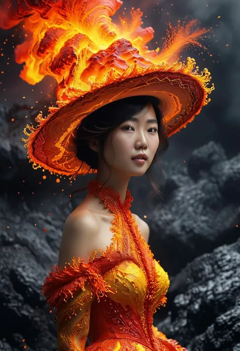 Sasha Yamamoto, an alluring young woman in her mid-30s, dons an attractive ensemble featuring a unique, realistic hat that replicates an erupting volcano. The hat, designed with intricate detail, showcases flowing hot lava, a splashy design, and lifelike textures. It also incorporates hidden illumination and lava splashes, giving the appearance of a volcanic eruption.