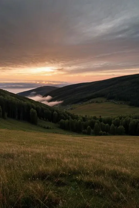 masterpiece, best quality, vivid colors, high quality, RAW photo, rural, Norway, nature, wild, evening, forest, pink sunset, grass, clouds, beautiful sky, desolate landscape, scenery, sun, fog, realistic, epic atmosphere,