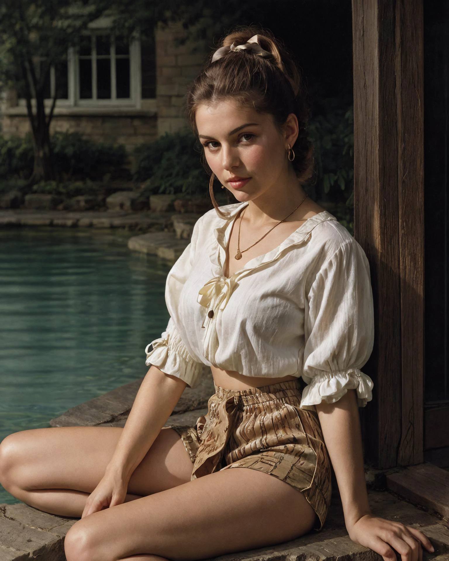 Johmeer, frush, a young 21yo Wisconsinite Wisconsin woman in
Reflecting pools mirroring the opulent palace, (poised pose, sitting with shoulders back and chin lifted, displaying confidence:1.1)
(bronze hair color in a bow ponytail style:1.2),
pendant necklace ,
(beige relaxed peasant blouse with embroidered details and artistic vintage shorts, tie-dye design, and celebrating the free-spirited '60s vibe:1.1)
(SkinHairDetail:0.5)
<lora:LowRA:.3>
<lora:more_details:0.5>
<lora:Johannes Vermeer style:.6>
<lora:pearlfrush:.7>