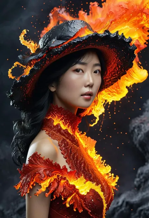 Sasha Yamamoto, an alluring young woman in her mid-30s, dons an attractive ensemble featuring a unique, realistic hat that replicates an erupting volcano. The hat, designed with intricate detail, showcases flowing hot lava, a splashy design, and lifelike textures. It also incorporates hidden illumination and lava splashes, giving the appearance of a volcanic eruption.
