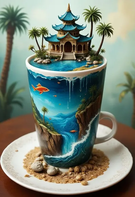 tilt-shift photo of best quality double exposure complex surreal painting on cracked paper, macro, microworld, hyperdetailed, insanely detailed, surreal, tiny genie spirit creature, flying oasis landscape placed inside a cup on the table in room. waterfall, lotus flowers,temple palms desert filigree, table cinematic, big eyes 32k, by Rockwell, WLOP Ryniac, Craola, Disney, van Gogh, highly detailed, intricated, intricated pose, high quality, centered, perfect composition.,
<lora:Midjourney_-_SemiReal_Dreams_FLUX_LoRA:1>,<lora:hyper-detail-illustration:1>, Selective focus, miniature effect, blurred background, highly detailed, vibrant, perspective control, ((Darkness, Dark))