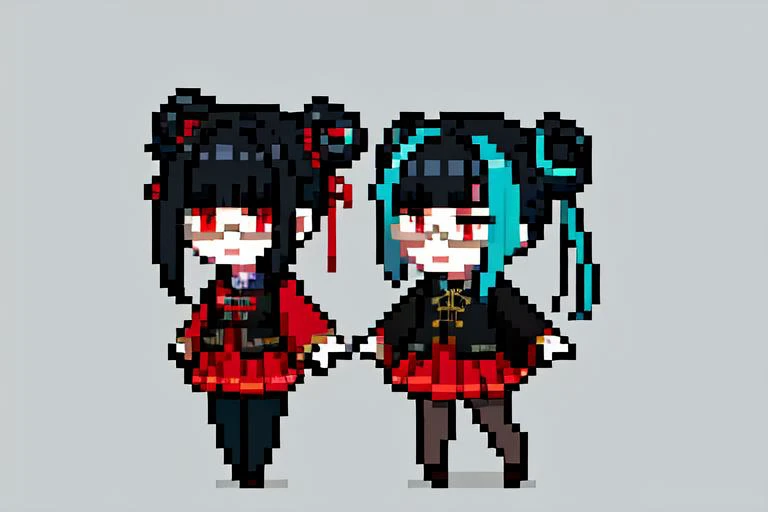 highly insanely detailed, masterpiece, top quality, best quality, highres, 4k, 8k, RAW photo, (very aesthetic, beautiful and aesthetic),
changms,red eyes,(black hair,streaked hair,aqua hair,two-tone hair),(hair bun,double bun,blunt bangs),chinese clothes,(red skirt,pleated skirt,miniskirt),clothing cutout,black pantyhose,(long sleeves,wide sleeves),ribbon,brown loafers,tinted eyewear,tassel,longevity lock,
<lora:å½é¾æ½®_é¿å½é v1.0:0.7>,
(1girl:1.3), 1other,
sparkling silver background,âââ