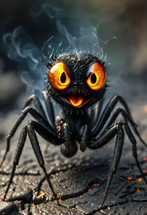 A charred spiderling, its minuscule body blackened yet remarkably unscathed, displays a broad, over-the-top grin. Its exaggeratedly lengthy tongue dangles playfully, as if teasing the viewer. Despite its scorched state, the spiderling's expression exudes a mischievous air, as though it's entirely unfazed by its brush with fire. The striking juxtaposition of the spiderling's burnt state and its comical, carefree demeanor introduces a twisted, darkly amusing aspect to the scene.