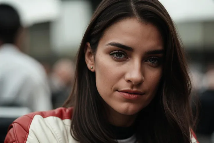 closeup portrait of a female racing driver, symmetrical shot, helmet, 50's grand prix race car, Maserati, spectators, wide angle analog film photography, vintage style