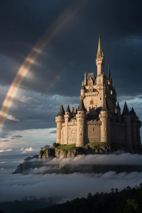 A majestic castle floating in the clouds, surrounded by vibrant rainbows.