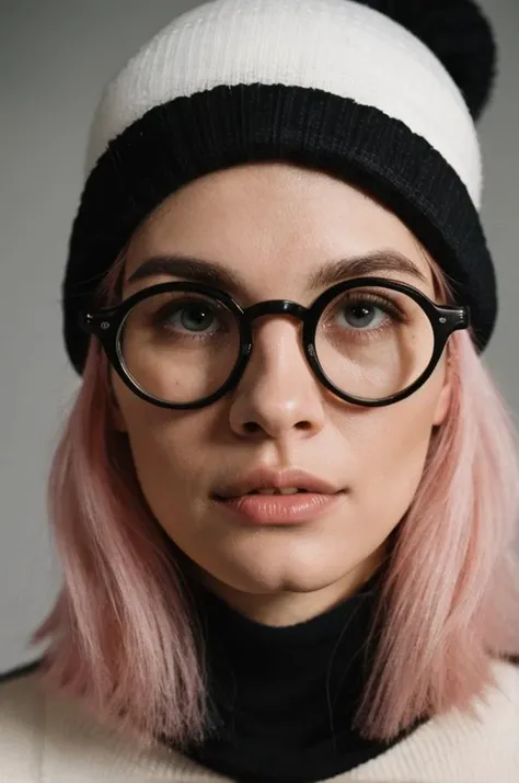 (analog photo) of a beautiful 25-year-old woman with (pink hair:1.2) with (round glasses:1.2) wearing a (black beanie:1.2) and wearing a black turtleneck, natural skin texture, realistic skin texture, (skin pores:0.8), (skin oils:0.8), white background, fine art photography, award winning photography, Fujifilm XT3 photo