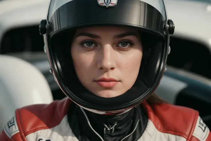 closeup portrait of a female racing driver, symmetrical shot, helmet, 50's grand prix race car, Maserati, spectators, wide angle analog film photography, vintage style