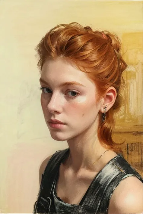 a drawing, a painting, EdgarDegras, <lora:Edgar Degras style:1>, hip level shot of a Nonchalant midweight (Female Playwright:1.1) , her hair is Ginger and styled as Drill, Clear skies, Rough sketch, Gadgetpunk, loop lighting, Low shutter, four colors, behance HD