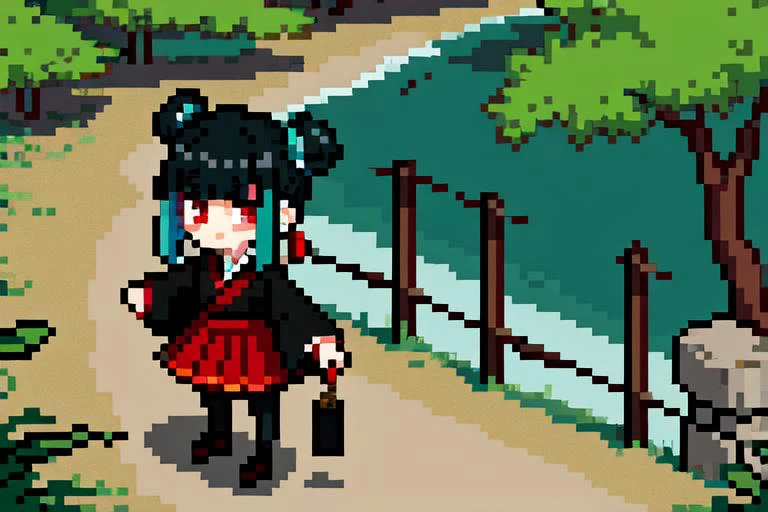 highly insanely detailed, masterpiece, top quality, best quality, highres, 4k, 8k, RAW photo, (very aesthetic, beautiful and aesthetic),
changms,red eyes,(black hair,streaked hair,aqua hair,two-tone hair),(hair bun,double bun,blunt bangs),chinese clothes,(red skirt,pleated skirt,miniskirt),clothing cutout,black pantyhose,(long sleeves,wide sleeves),ribbon,brown loafers,tinted eyewear,earrings,jewelry,tassel,longevity lock,
<lora:å½é¾æ½®_é¿å½é v1.0:0.3>,
(1girl:1.3), 1other,
japanese building,dirt road,willow tree,stone fence,river,âââ